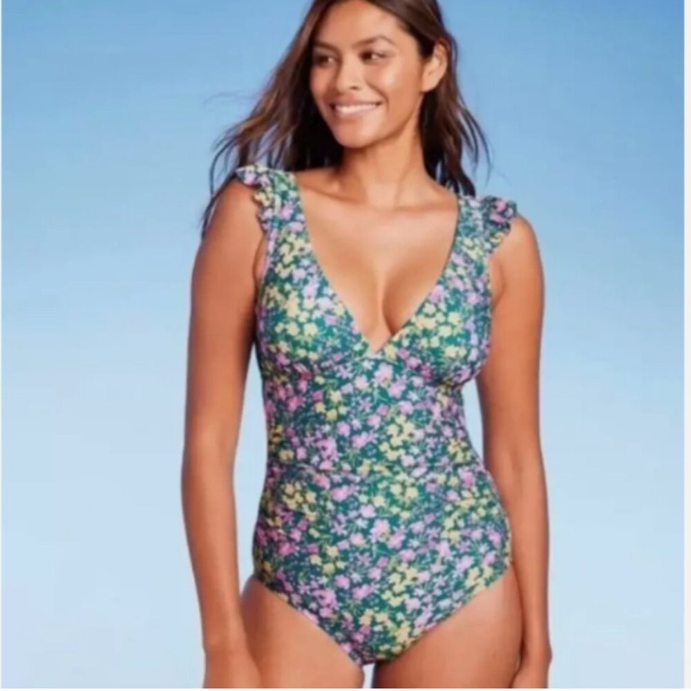 KONA SOL Floral Ruffled One Piece Deep V Bathing Swimsuit Size L